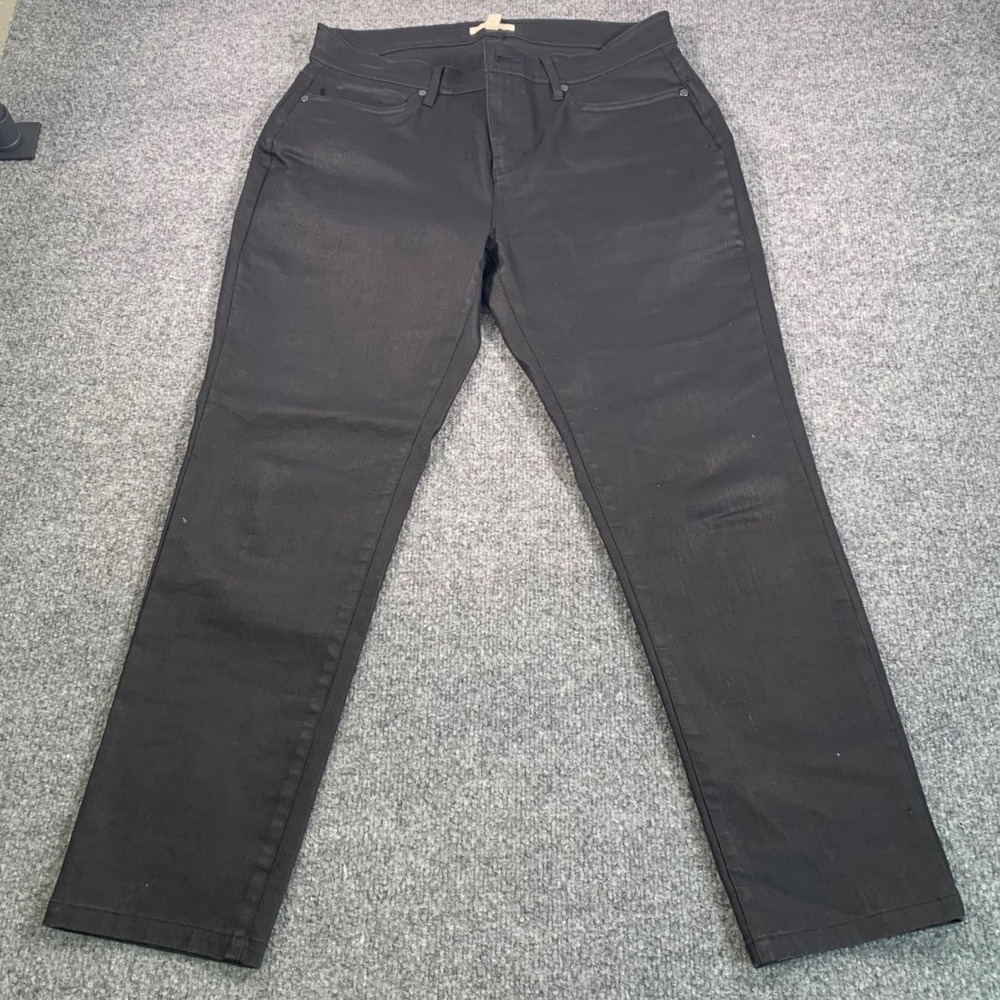 Eileen Fisher Black Coated Denim Slim Leg Jeans Size 10 Waxed Leather Look